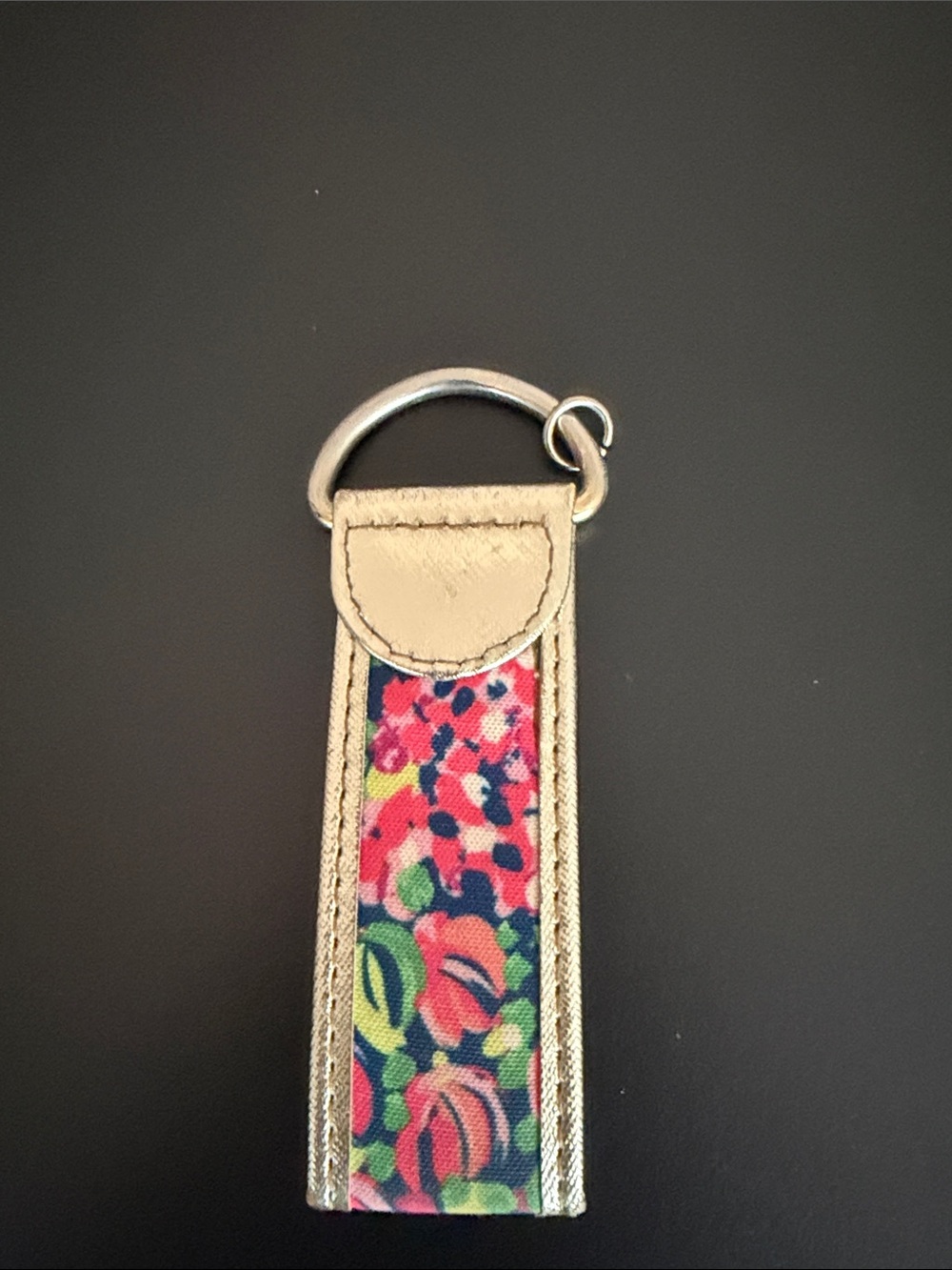 Lilly Pulitzer Gold Leather Key Fob with Pink Floral Inlay
